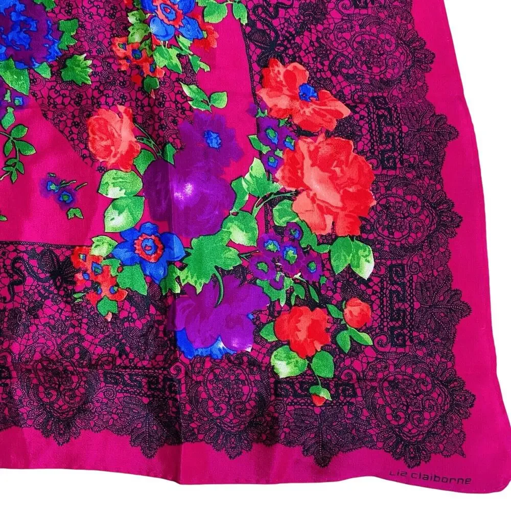 Vintage Liz Claiborne Designer Silk Scarf Lace Print Floral Design Gem Tones